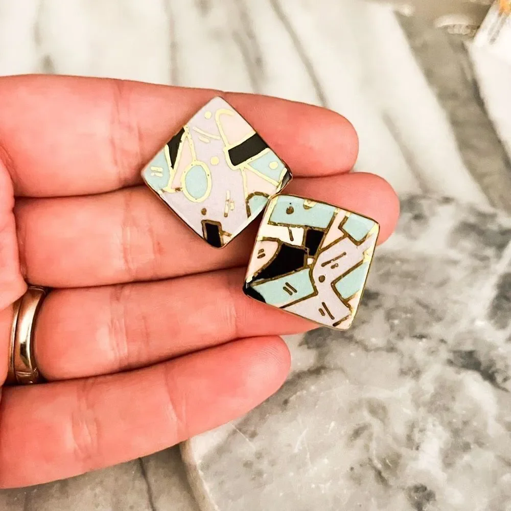 Vintage Cynthia Chuang Heart Brooch and Square‎ Earrings Set Ceramic Unsigned